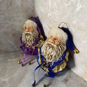 Pair of Vintage Resin China Faced Santa Ornaments